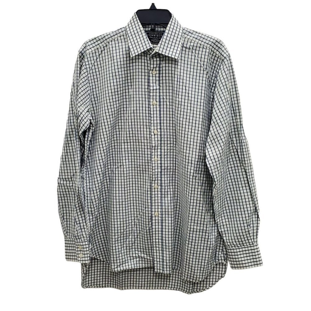 Charles Tyrwhitt Men's White Navy Windowpane LS Cotton Button Up Shirt 15.5 - 37